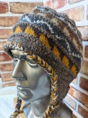 Everest Designs Nepal Wool Earflap Hat Brown Yellow Knit Fleece Lined Boho